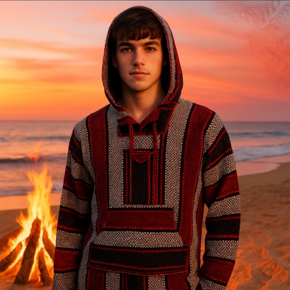 Baja Hoodie Jerga Pullover Red Black White Boho Fleece Sweater Unisex M